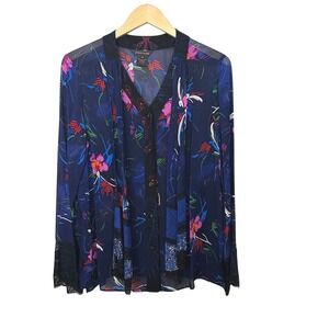 Francesca Rose Peasant Blouse Women's Medium Floral Button Up Lace Semi Sheer